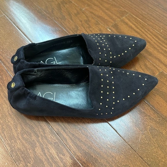 Agl Attilio Giusti Leombruni gold Studded Moc Loafers Flats Pointy Toe black 6.5 - Picture 1 of 10